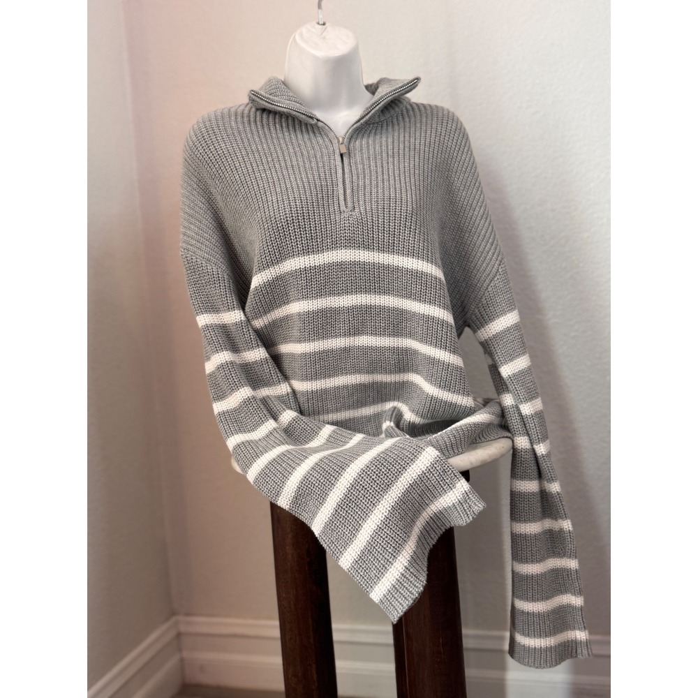 Edikted‎ Gray White Striped Quarter Zip Knit Sweater XS Oversized Ribbed  Cotton